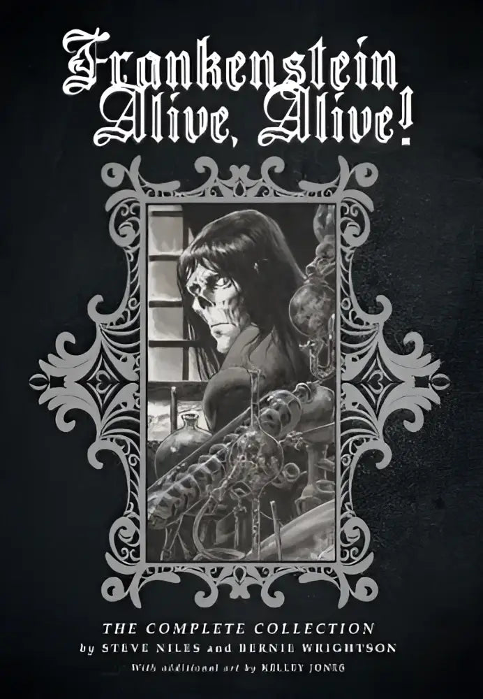 Zwart-witte geïllustreerde boekomslag van frankenstein alive the complete collection met gotisch portret en zilverkleurige randdecoratie