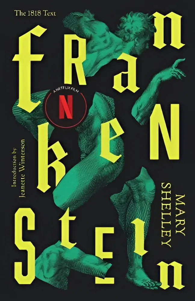 De boekomslag van frankenstein or the modern prometheus toont gele letters en groenblauwe illustraties op een donker vlak