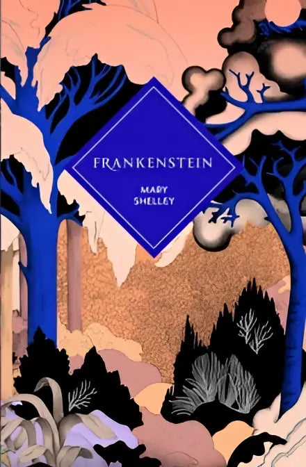 The deluxe gift edition of frankenstein by mary shelley features a stylized cover with blue and black tree silhouettes on an orange-pink background