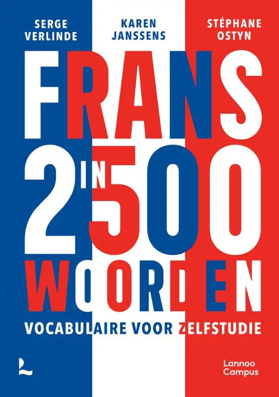 A tri-color boekcover voor frans in 2500 woorden met de naam van karen janssens serge verlinde en stéphane ostyn