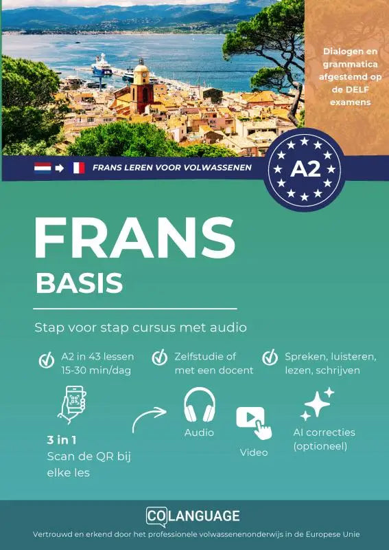 Teal en witte cover van frans a2 basis stap cursus met audio voor volwassenen om frans te leren en delf voor te bereiden