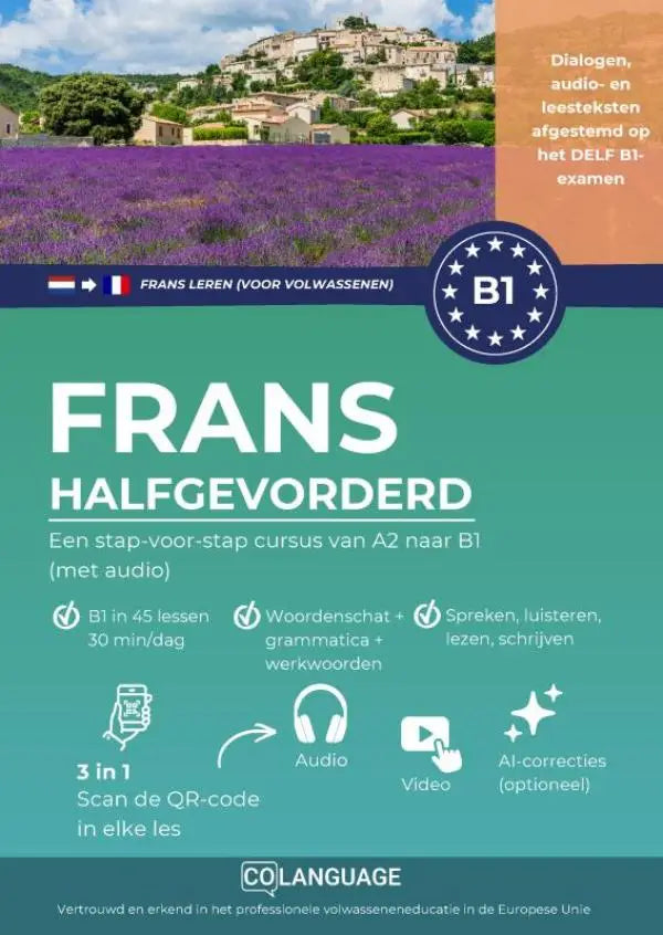 Groen en blauw educatief boekcover voor frans b1 leren inclusief delf voorbereiding en leren halfgevorderd cursus