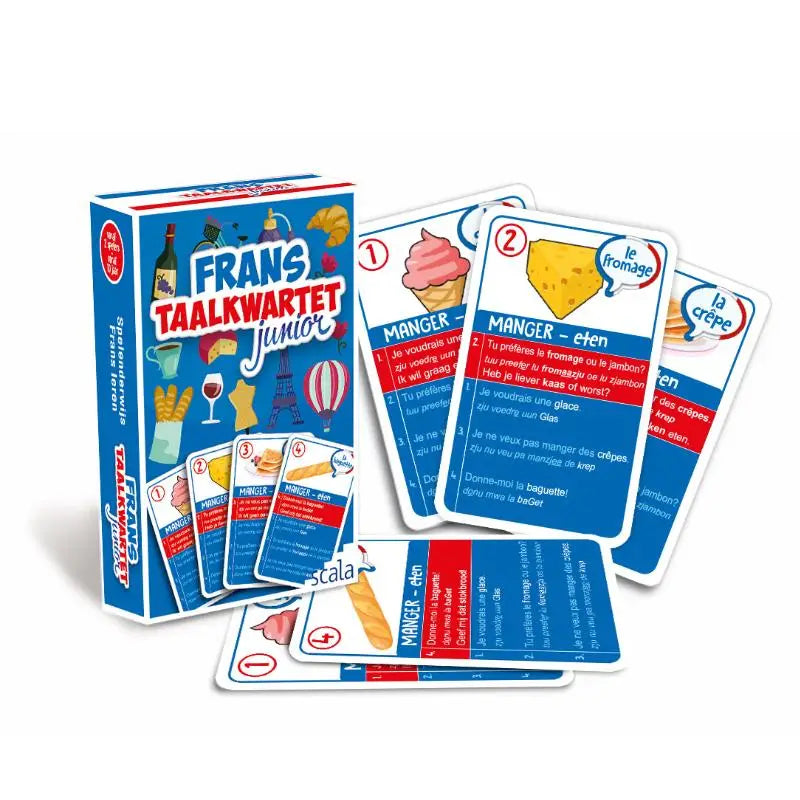 Blauwe en witte frans taalkwartet junior kaartspel doos met kleurrijke illustraties van franse gerechten en bezienswaardigheden