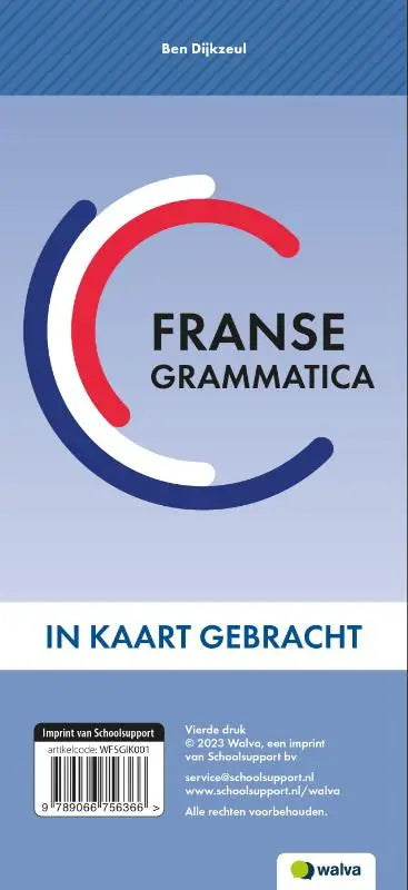 Blauw-wit boekcover met rode accenten en franse grammatica in kaart gebracht titel in zwarte tekst