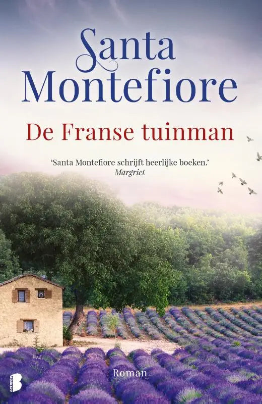 Boekcover van de franse tuinman toont een lavendelveld voor mirandas landhuis met de raadselachtige tuinman