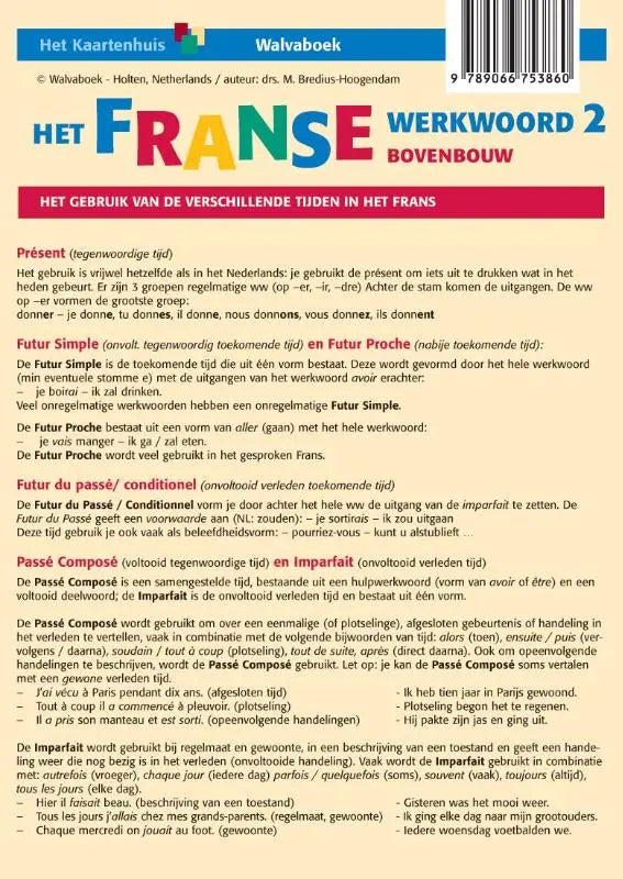 De achterkant van het franse werkwoord 2 werkboek met kleurrijke tekst en een streepjescode zichtbaar