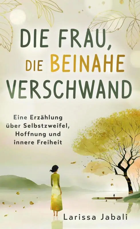 Boekcover van die frau die beinahe verschwand met gouden en zwarte titel en bladillustraties voor erzählung über selbstzweifel hoffnung und innere freiheit