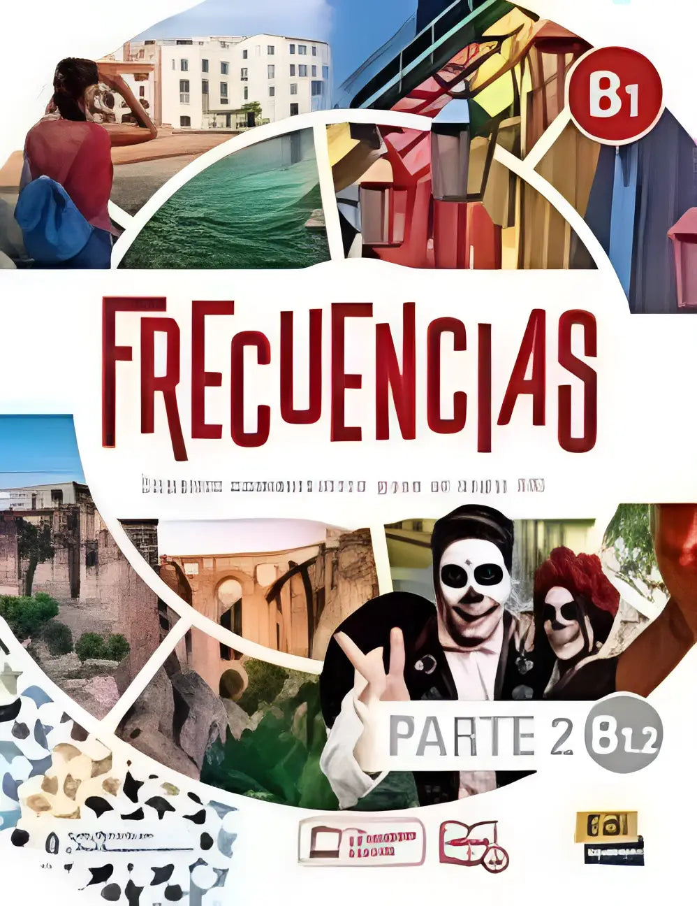 Cover of frecuencias b1 course part two student book with vibrant coastal and cultural imagery and coded access