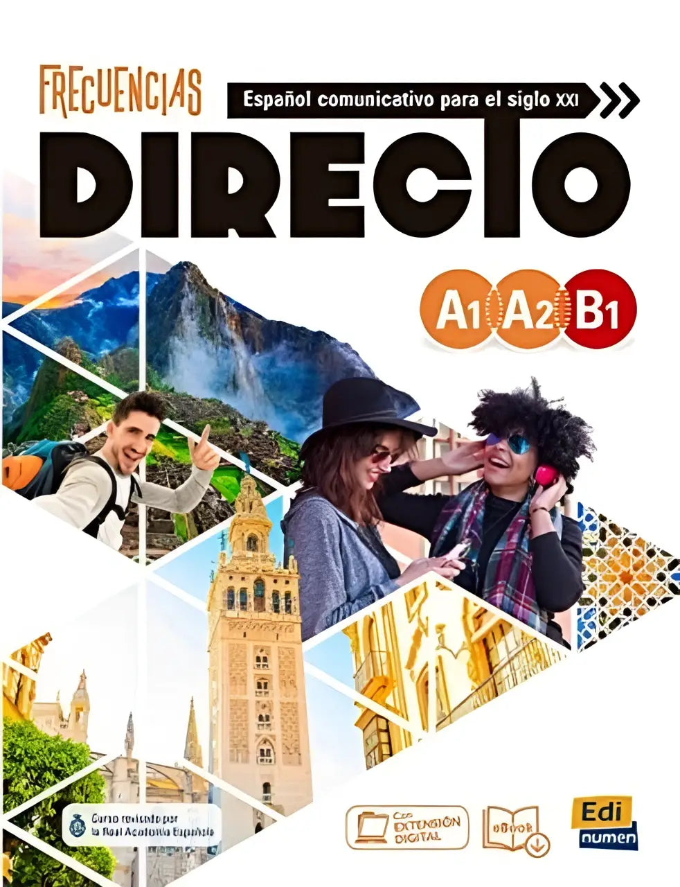 Frecuencias directo levels student book voor a1 a2 en b1 met levendige reisbeelden en moderne zwarte typografie