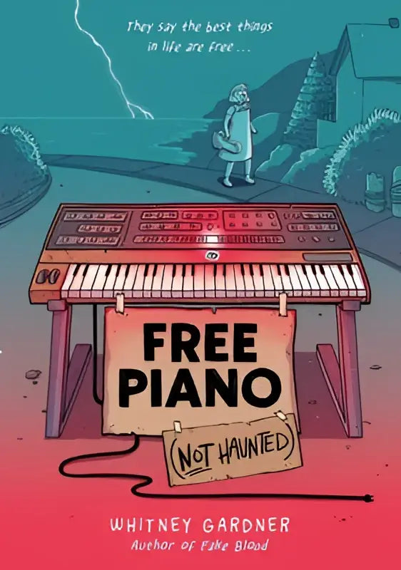 Een gratis piano niet behekst met een rood-wit toetsenbord en houten poten voor jonge lezers