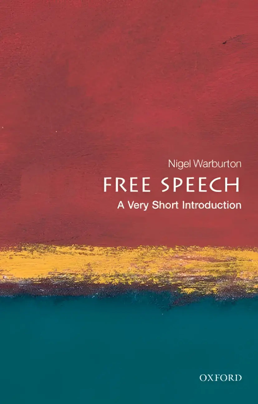 De boekomslag toont een abstract ontwerp in rood geel en teal met de titel Free Speech een very short introduction van Nigel Warburton