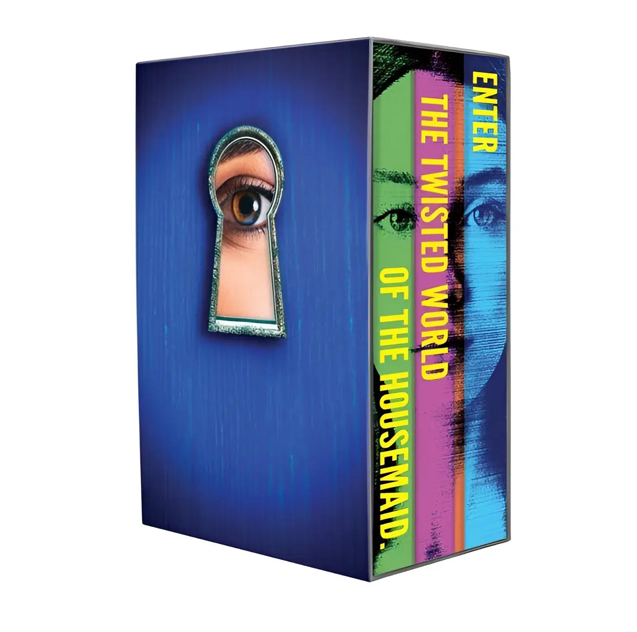Blauwe freida mcfadden housemaid box set met sleutelgatvormige uitsnede en oog zichtbaar op mcfadden housemaid box