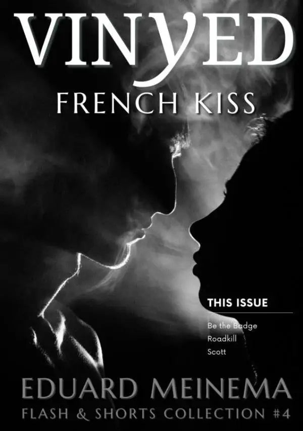 Zwartwit magazinecover van vinyed french kiss met silhouetten van twee mensen die french kiss delen