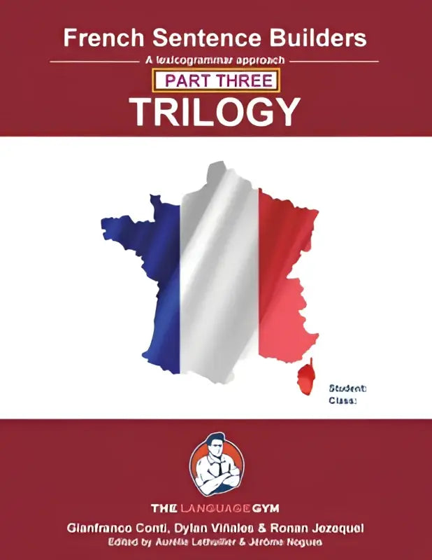 Franse sentence builder trilogy deel 3 met een kleurrijke kaart van frankrijk in de kleuren van de franse vlag