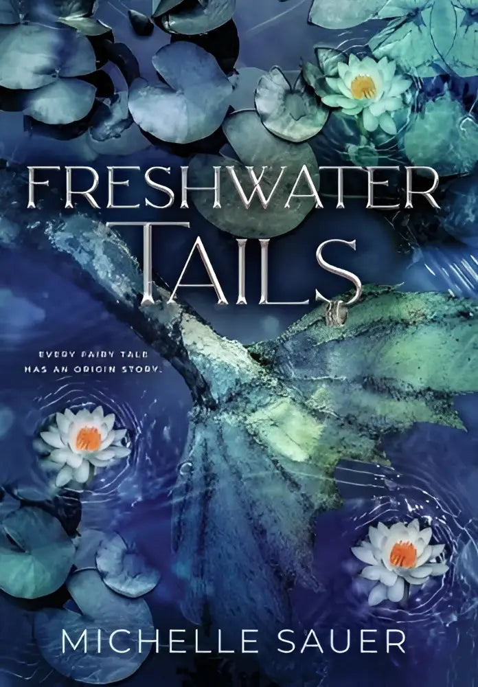The book cover for freshwater tails by michelle sauer shows a mystical illustration with white lilies on deep blue water