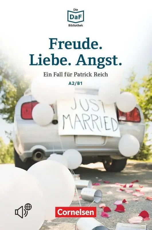 Een zilvere auto versierd met witte ballonnen en een just married bord voor daf daz-lerenden in vreugde liefde angst