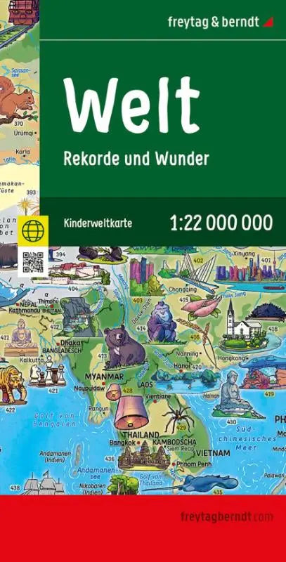 freytag & berndt Straßenkarte Weltkarte für Kinder 1:22 Mio. - 137,5 x 96 cm, Rekorde und Besonderheiten, illustrierte Kinderweltkarte