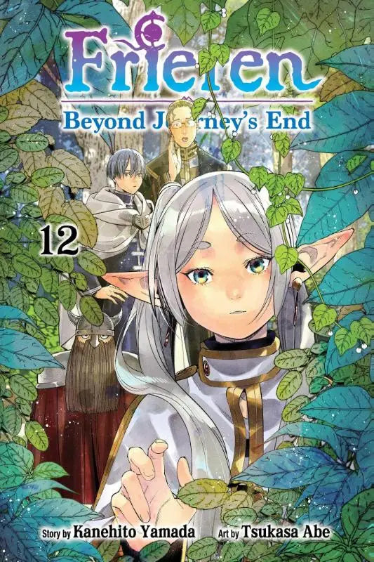 The cover of frieren beyond journeys end vol 12 manga features a silver haired elf girl in white and gold amid green foliage