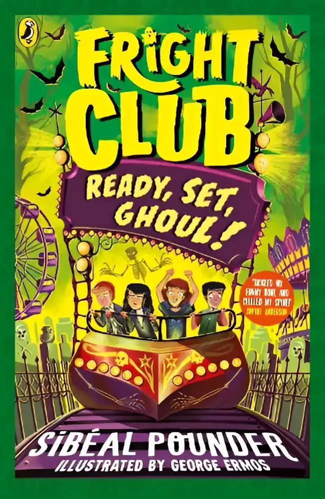 De levendige groene en gele omslag van het kinderboek fright club ready set ghoul van sibéal pounder in teenage fiction