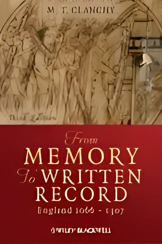De middeleeuwse boekcover from memory to written record toont een sepia-illustratie en witte tekst op dieprode achtergrond
