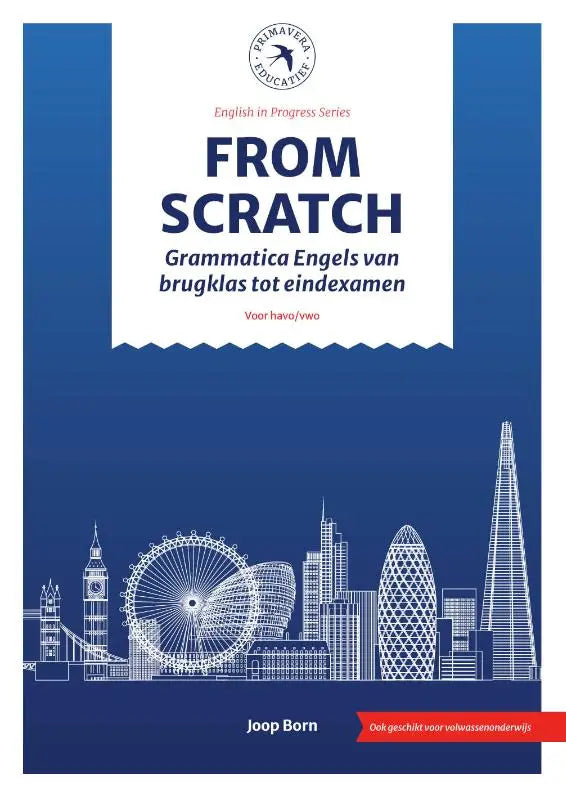 Blauw boekcover with white line drawing of londons skyline featuring the eye and shard for grammatica engels from scratch