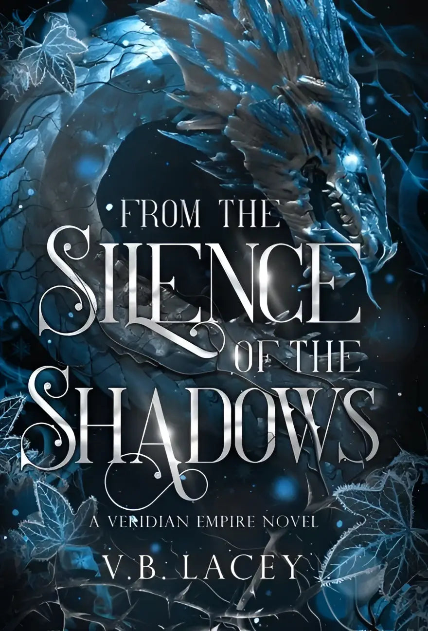 Illustratie van blauwe ijsachtige draak op boekomslag van from the silence of the shadows