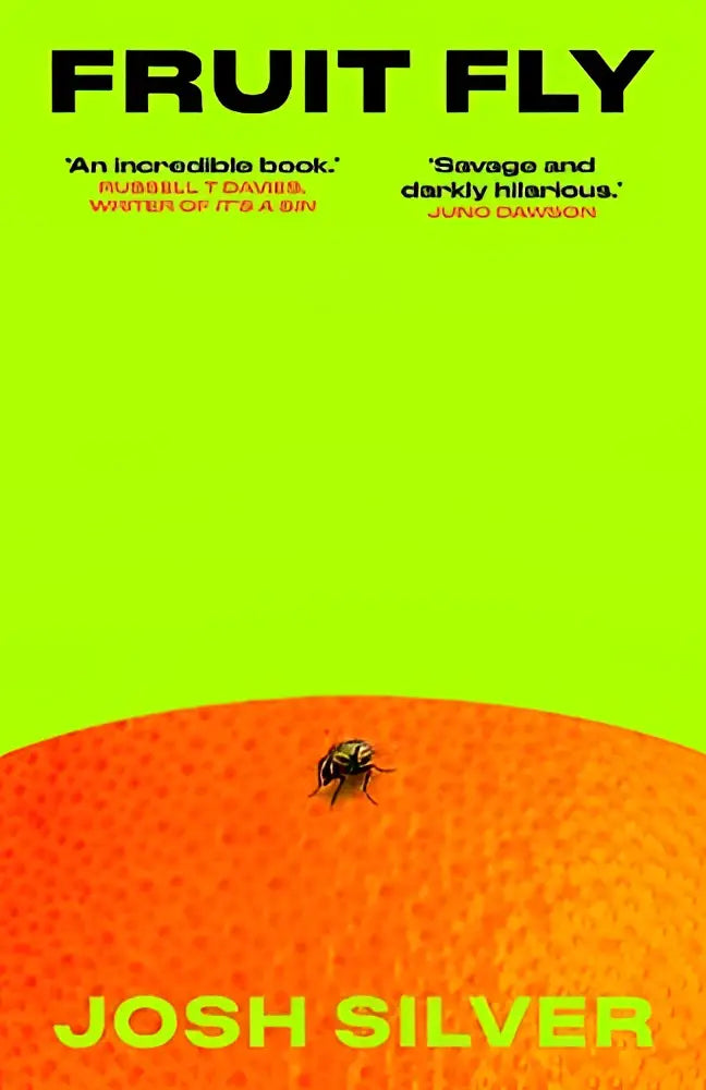 A black fruit fly on a textured vibrant orange peel illustrating fruit fly darkly hilarious juno by juno dawson