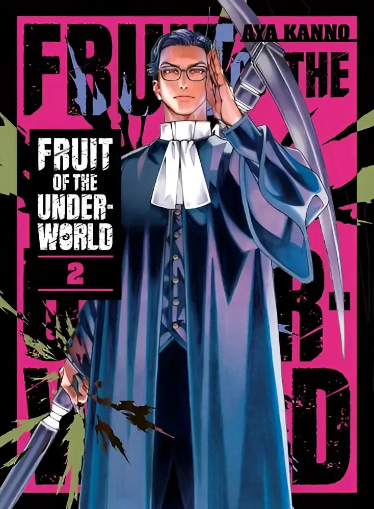 De cover van manga fruit of the underworld volume 2 met een personage in donkerblauw formeel gewaad met witte cravat en bril