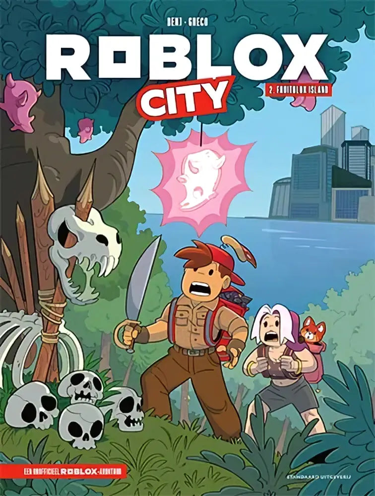 Fruitblox island comic cover showing roblox city scene with red-haired boy holding sword in forest with skulls and buildings