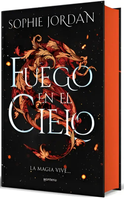 Het boek fuego en el cielo edición especial limitada con cantos pintados heeft een zwarte kaft met een vurige draak
