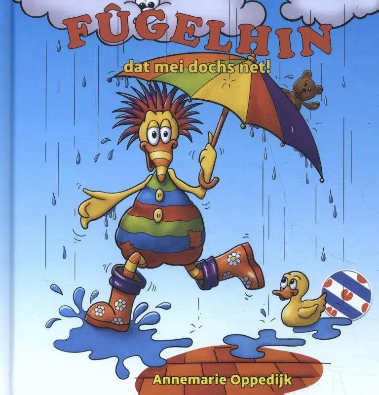 Illustratie van fûgelhin mei dochs met een cartoon kip met gespikkeld haar en een regenboog paraplu voor jonge lezers