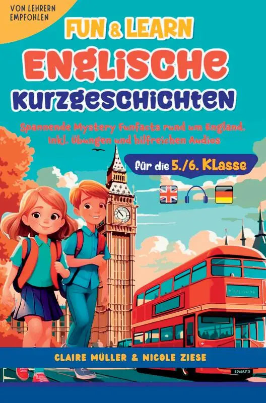 De cover van een kinderen engels leerboek fun & learn englische kurzgeschichten toont spannende mystery funfacts rund um england