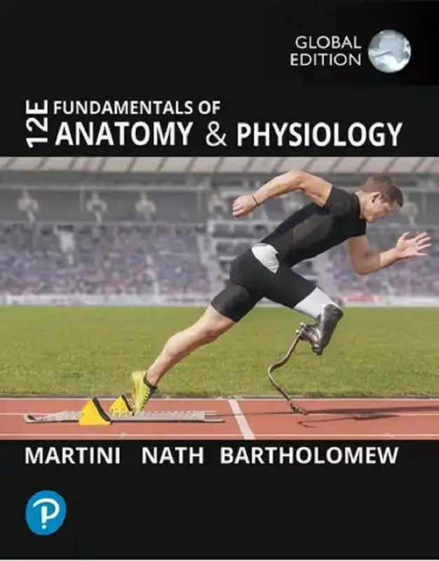 Het 12e globale editie leerboek fundamentals of anatomy and physiology toont een atleet in beweging op een atletiekbaan