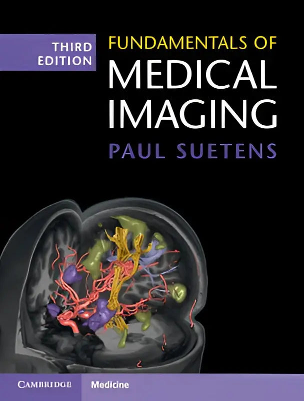 De boekcover van fundamentals of medical imaging derde editie door paul suetens toont gele en paarse tekst op zwarte achtergrond