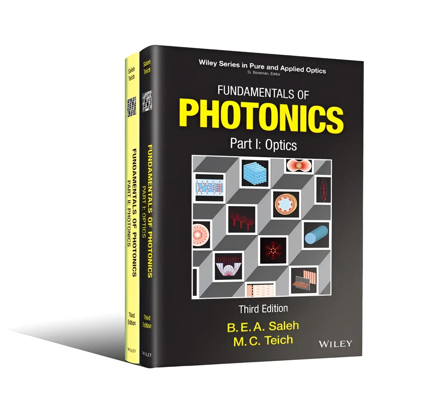 Zwarte en gele hardcover fundamentals of photonics part i optics derde editie van b.e.a. in een grondig bijgewerkte 2 volume set