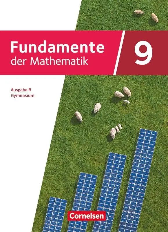 Cover van fundamente der mathematik 9 schuljahr schulbuch met uitlegfilms met groene weide, schapen en blauwe zonnepanelen