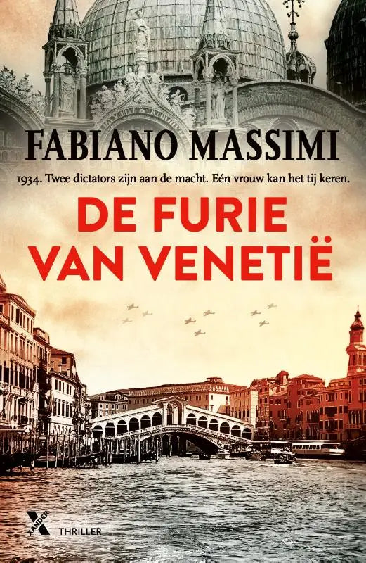 Cover van de thrillerroman de furie van venetië door fabiano massimi met sepia tekening van venetiaanse architectuur siegfried sauer