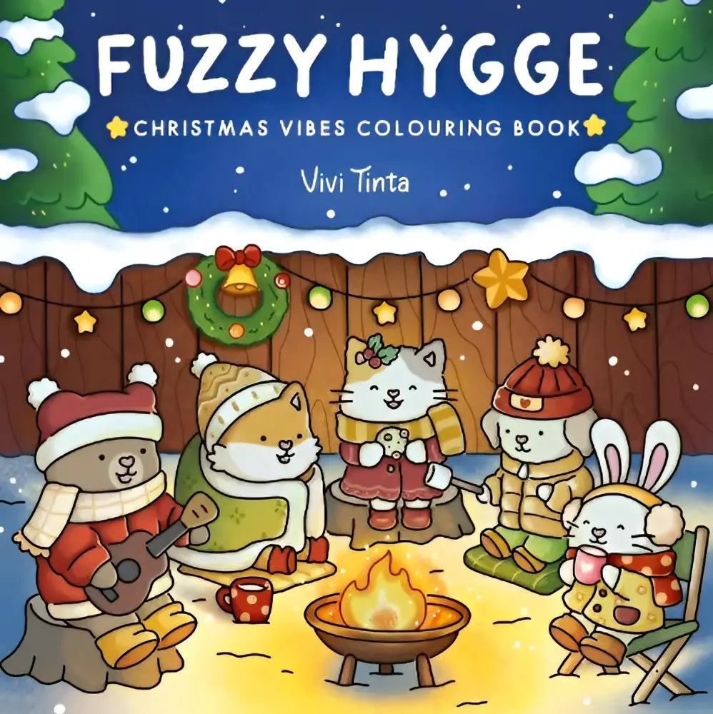 Fuzzy hygge christmas vibes kleurboek van vivi tinta toont een gezellige winterse scène voor kinder non-fictie serie fuzzy world