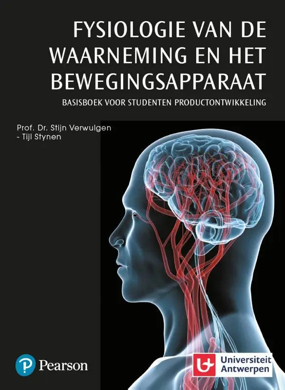 Boekcover van fysiologie van de waarneming en het bewegingsapparaat met blauw doorzichtig hoofd en rood witte vaatnetwerken