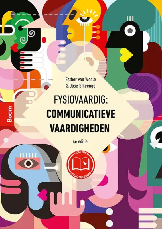 De boekcover van Fysiovaardig toont een abstracte illustratie met kleurrijke gezichten en communicatieve vaardigheden