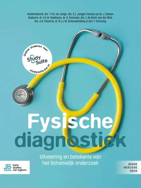 Gele stethoscoop met zilveren buis en ronde borstuk uit Fysische diagnostiek 3e druk
