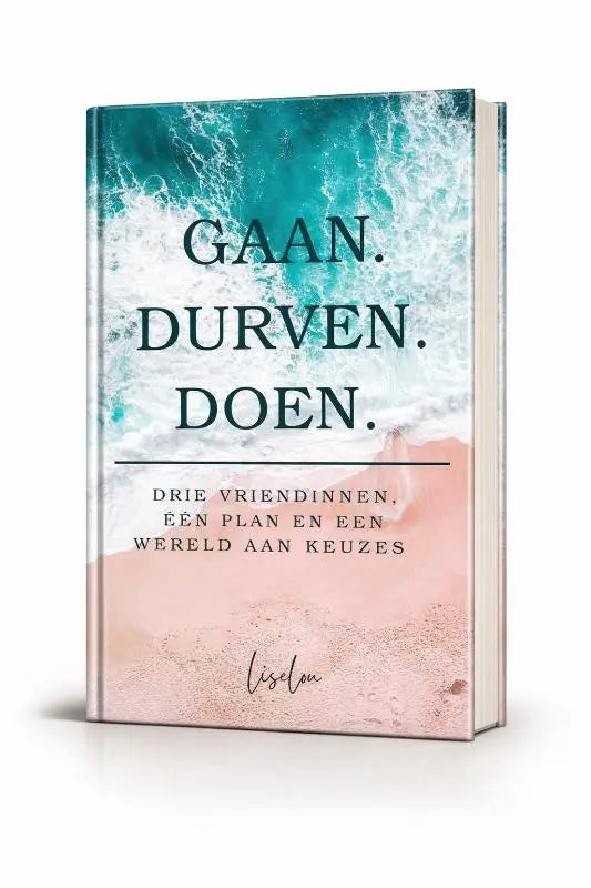 Een hardcover boek met een levendige omslag van turquoise oceaangolven op roze zand getiteld gaan door drie vriendinnen