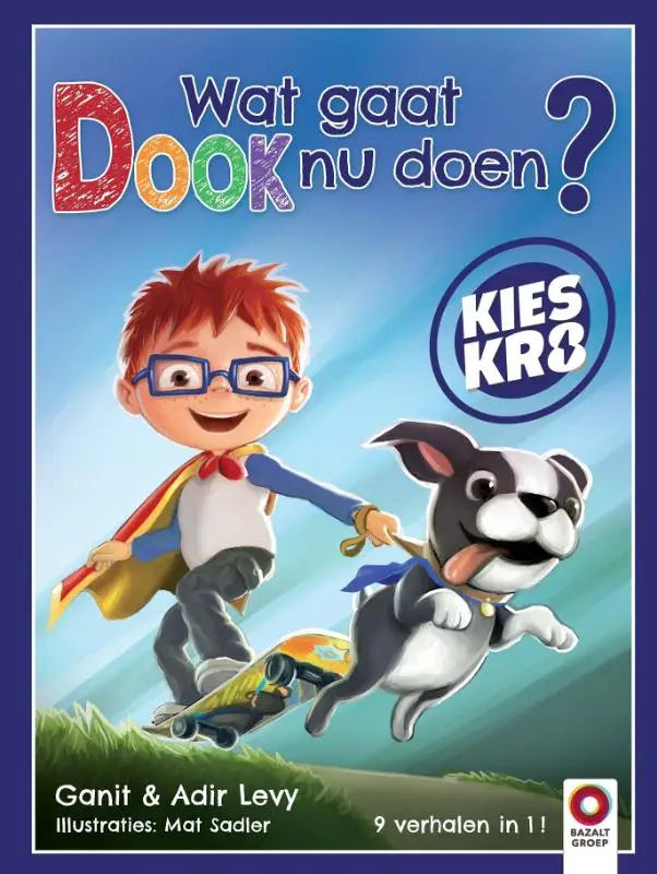 Kleurige kinderboekcover van gaat dook met een jongetje met rood haar en bril en een hond voor jonge lezers