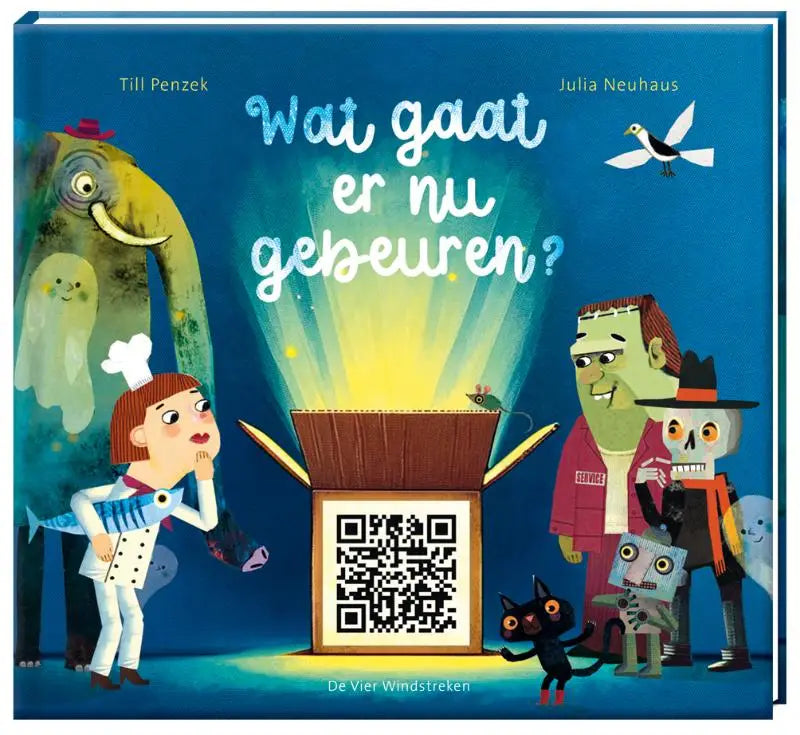 Blauwe kinderboekcover wat gaat er nu gebeuren met houten doos en qr code voor jonge lezers omringd door cartoonfiguren