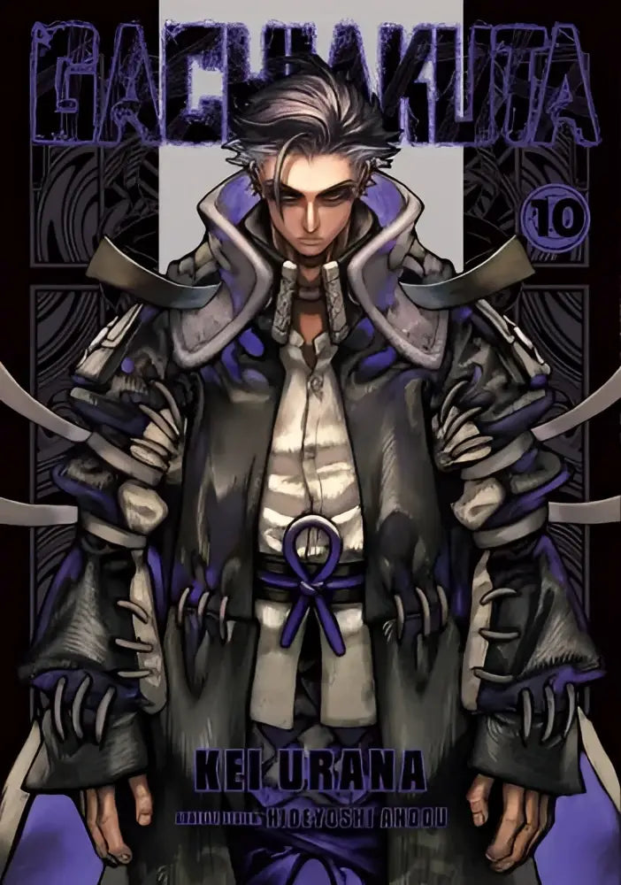 Cover van het manga volume 10 van gachapura met een personage in een sierlijke donkergrijze en paarse harnasjas