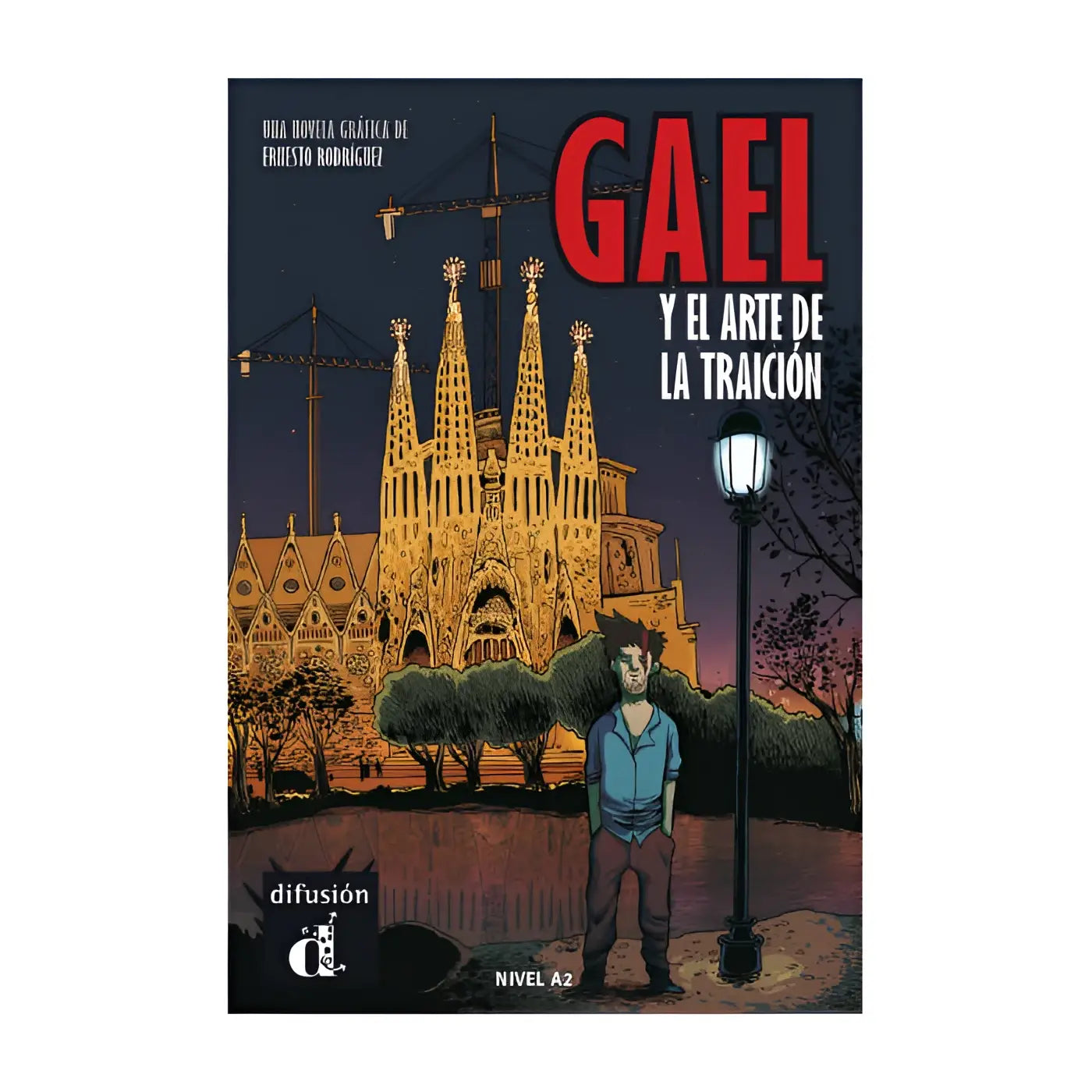 De omslag van de graphic novel gael y el arte de la traición door ernesto rodríguez toont la sagrada familia bij schemer met warme gouden verlichting en een figuur ervoor