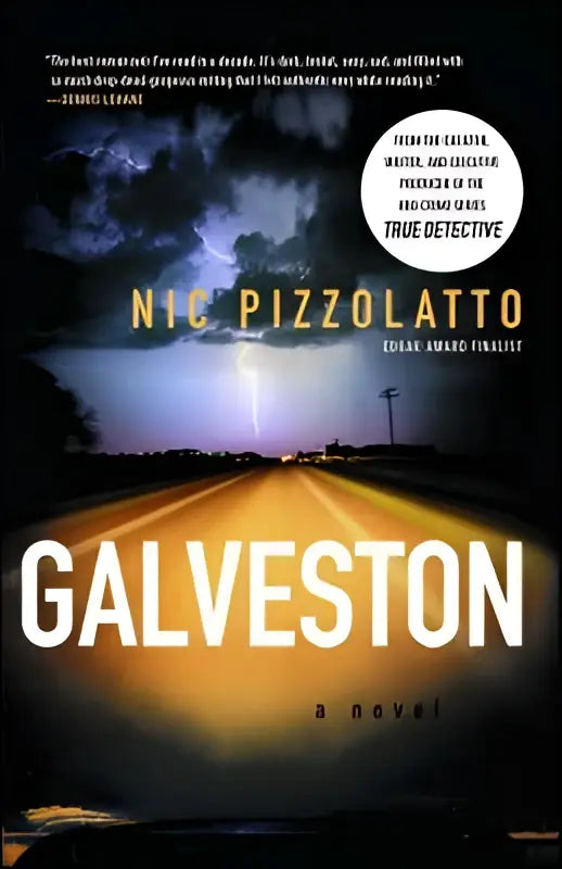 De roman galveston van nic pizzolatto toont een boekomslag met een dramatische onweerslucht en verlichte nachtweg