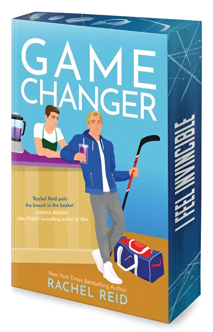 Blauw wit hardcover boek game changer van rachel reid met illustratie van man in sportkleding met hockeystick deluxe limited edition