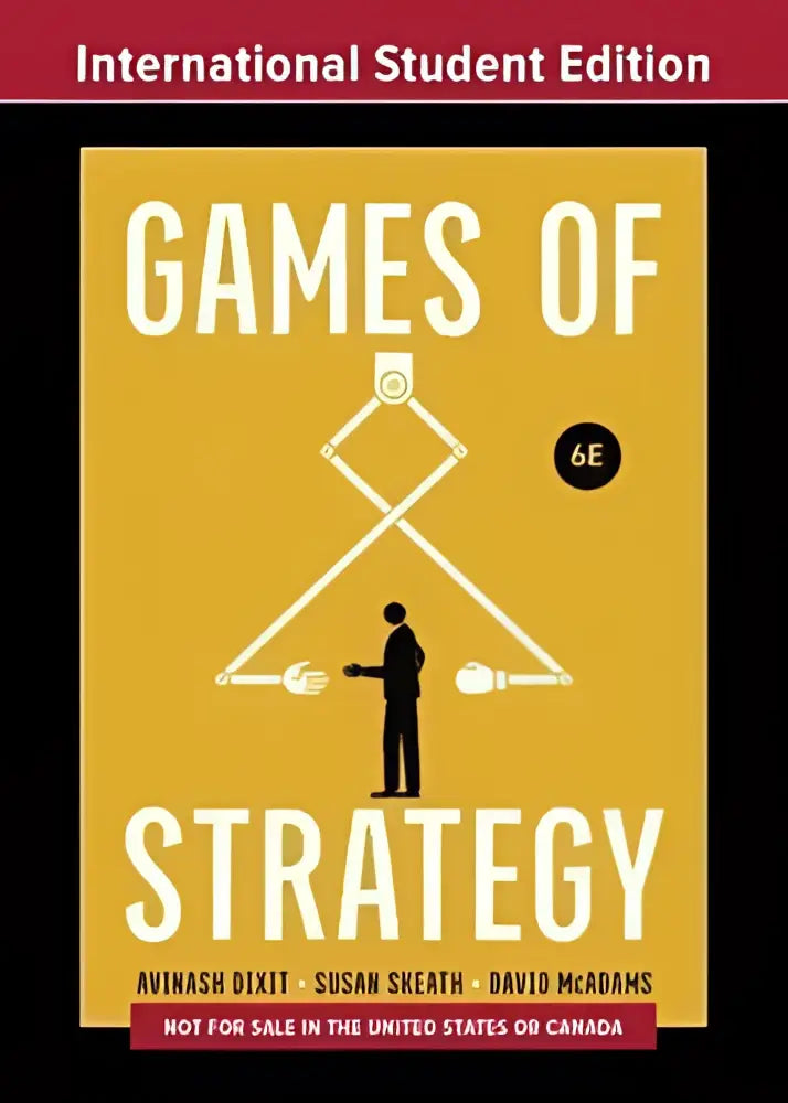 Gele kaft van het boek games of strategy zesde editie met witte tekst en zwarte silhouet van een man tussen geometrische vormen