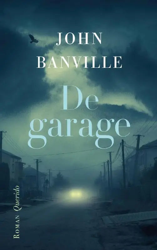 Donkerblauwe boekcover van de garage door john banville met een sombere straat en autokoplamp aan
